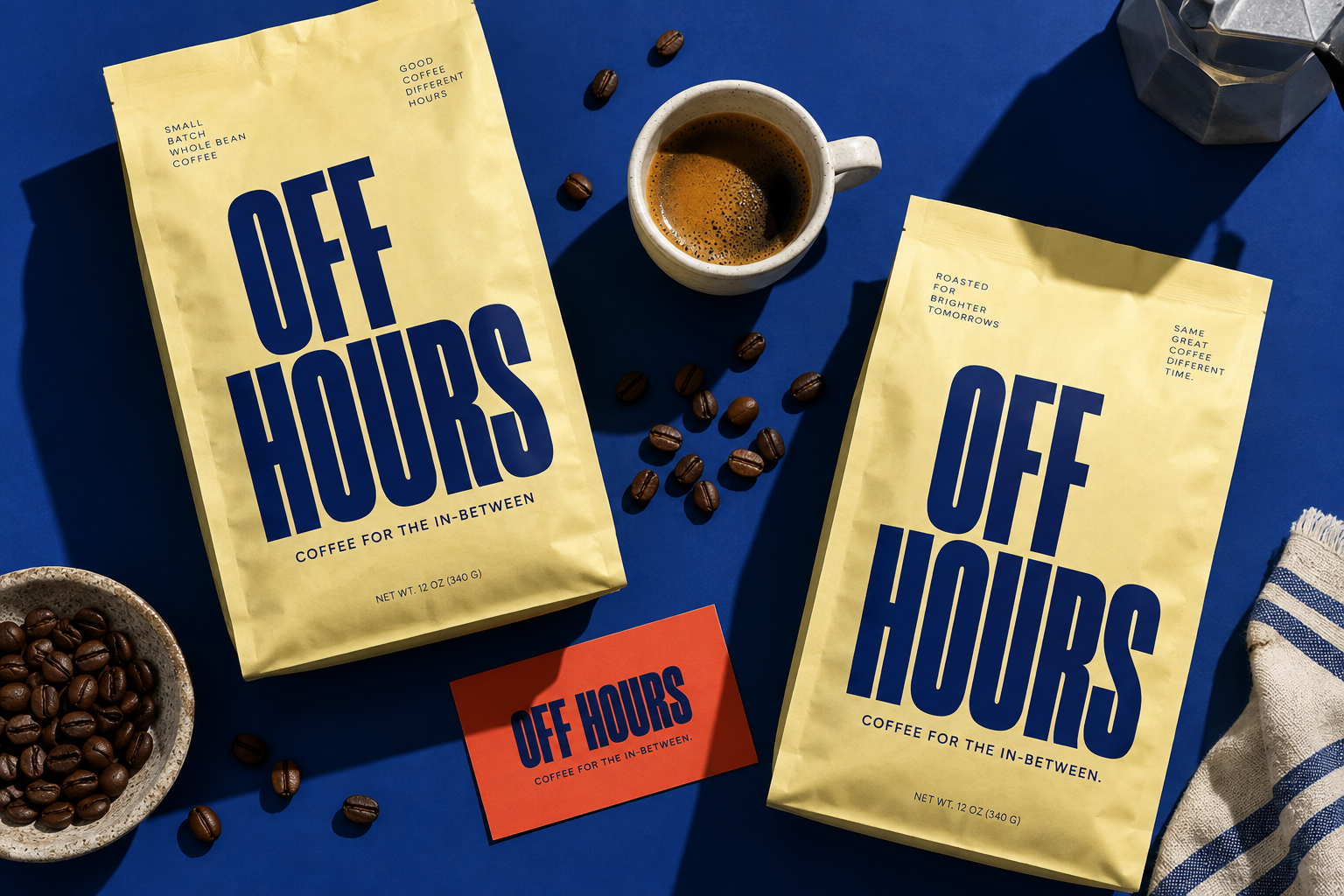 Off Hours concept coffee packaging on a blue background