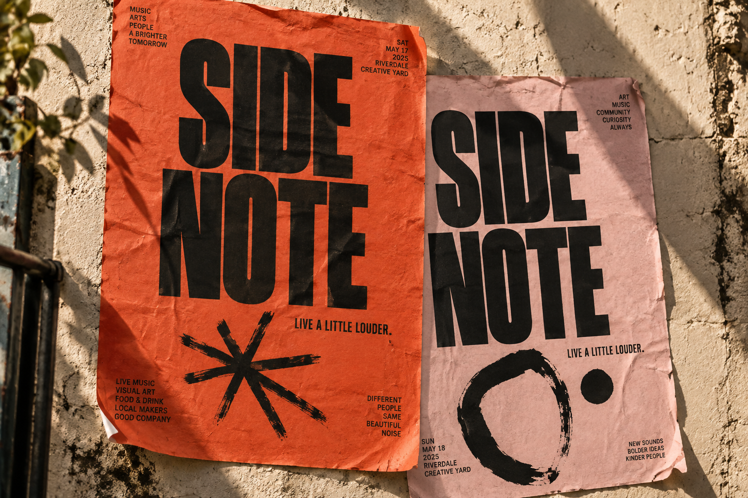 Side Note concept arts-event posters on a sunlit wall